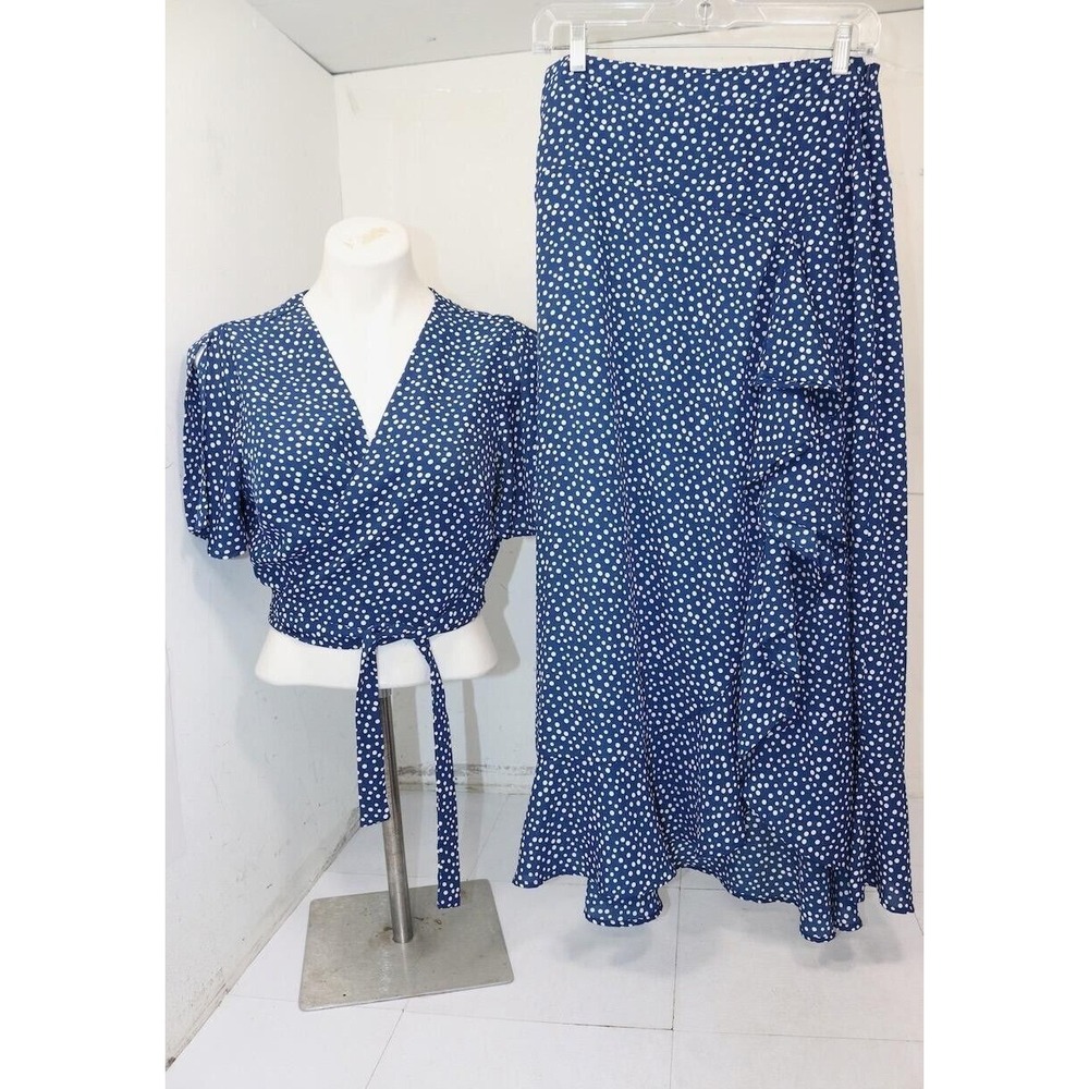 Lulus‎ Women's Navy Blue Polka Dot 2Pc Wrap Top and Skirt Set Size Large